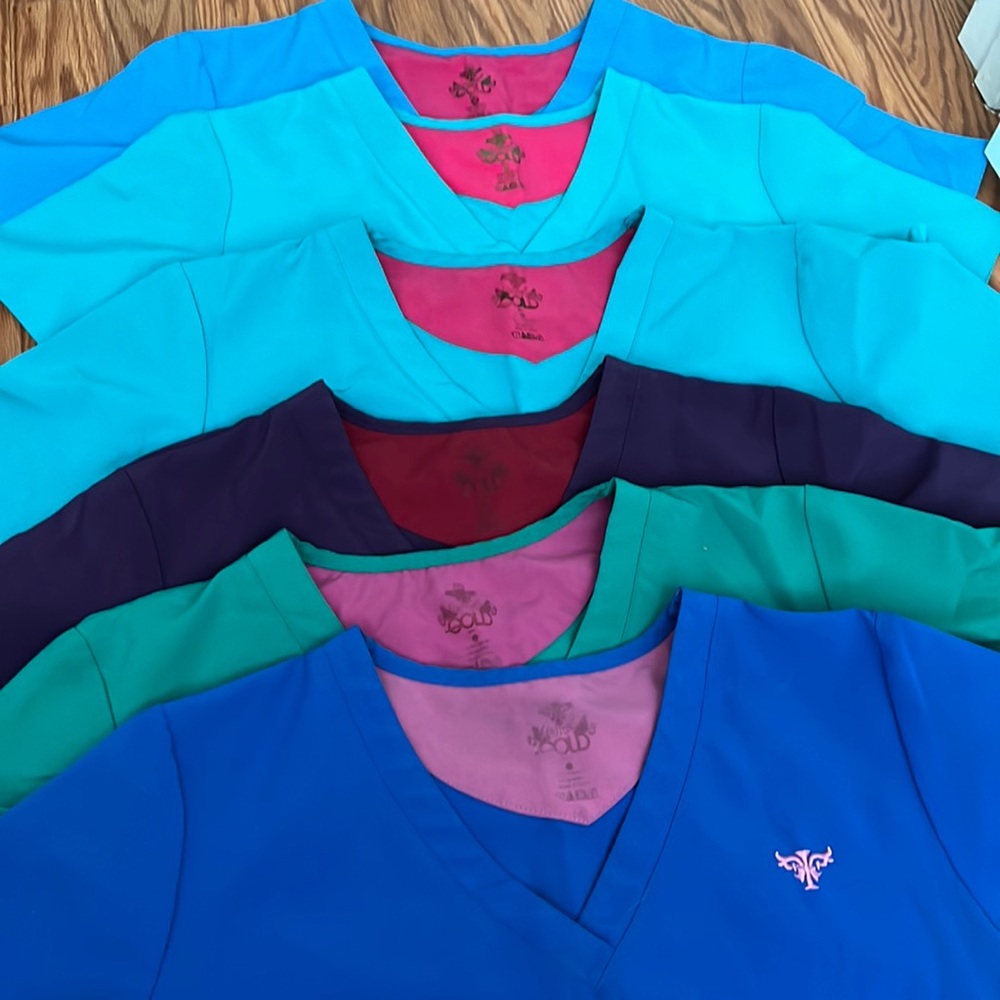 6 scrub tops, different colors, same size